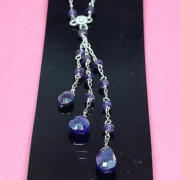 Natural Briolette Amethyst 10x6mm 925‎ Sterling Silver Necklace 17.5" - Picture 2 of 5